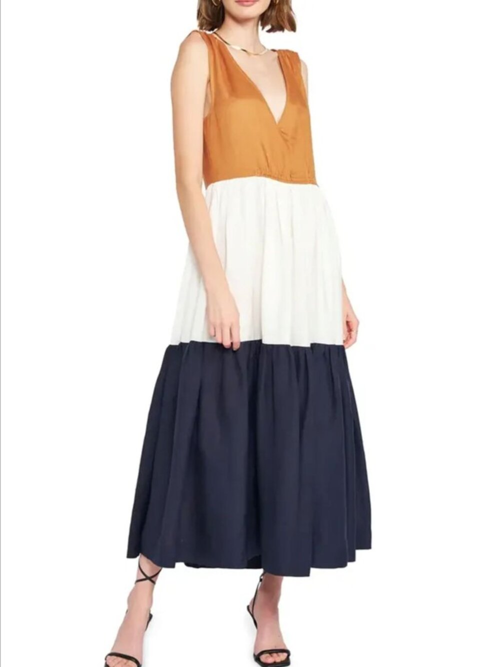Anthropologie En Saison V-Neck Colorblock Maxi Dress Brown White Navy Medium